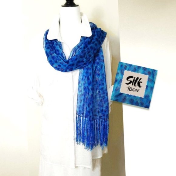 100% Silk Rectangle Scarf Sheer Blue Leopard Animal Print Silvery Dots Tassels - Picture 2 of 12